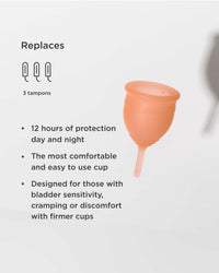 Menstrual cup with text highlighting its benefits on a light gray background