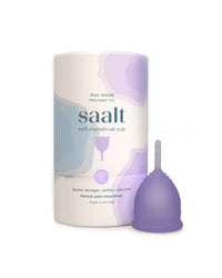 Purple menstrual cup with packaging labeled 'saalt' on a white background