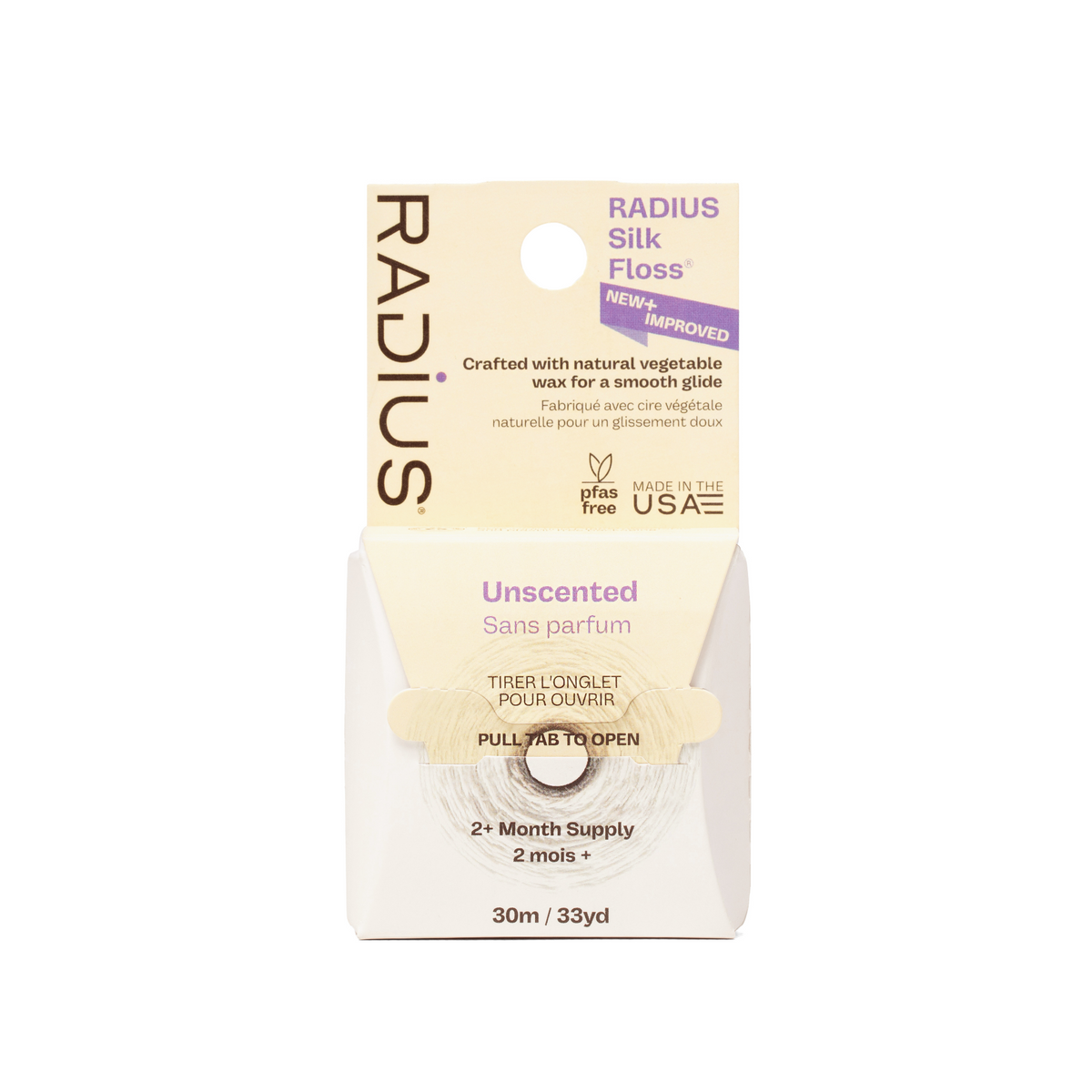 Radius Silk Floss Unscented wax taper box, 30m/33yd supply, with a cream and white design and purple text accents. Main image