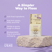 A floss product box labeled RADIUS Radius Silk Floss stands on a large stone slab against a lavender background with marketing text on the left.