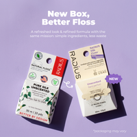 Two Radius Natural Floss product boxes on a lavender background with promotional text. One box is white and labeled 'Pure Silk Unscented' and the other is a cream-colored 'Unscented' box with a purple 'NEW' badge.