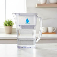 Clear water pitcher with Theraglo logo on a kitchen counter