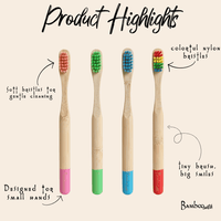Four bamboo toothbrushes with colorful bristles on a beige background, labeled with product highlights.
