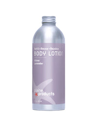 Body lotion bottle with lavender label on a white background