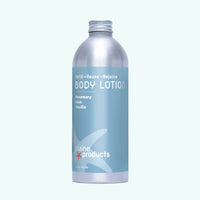 Body lotion bottle with blue label on a white background