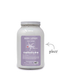 Body lotion container with a purple label on a white background