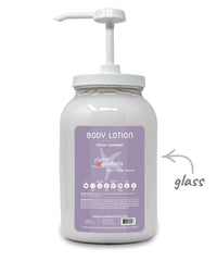 Body lotion bottle with pump and glass label on a white background