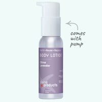 Body lotion bottle with pump labeled 'plaine products' on a white background