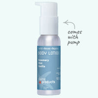 Body lotion bottle with pump labeled 'plaine products' on a white background