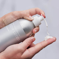 Hand holding a bottle of body lotion with a pump, dispensing cream onto the palm against a neutral background.