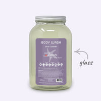 Body wash container with a label on a white background