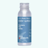 Body wash bottle with blue label and silver cap on a white background