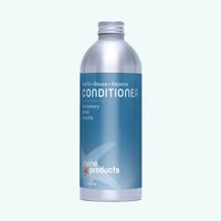 Bottle of conditioner with blue label on a white background