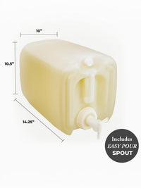 Measurement chart of a beige container with an easy pour spout on a white background