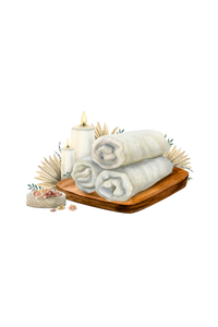 Stack of white towels on a wooden tray with candles and decorative elements on a white background