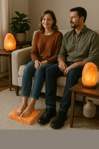 Man and woman sitting on a couch with salt lamps on either side in a cozy living room.