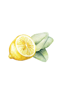 Illustration of a lemon with green leaves on a white background