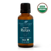 Bottle of Plant Therapy Organic Relax essential oil blend with USDA Organic label on a white background
