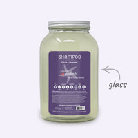 Shampoo container with a purple label on a white background